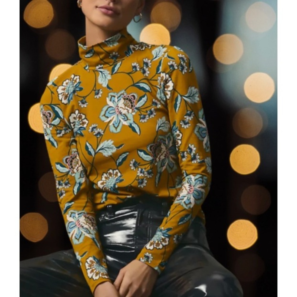 Anthropologie Maeve Mustard Yellow Floral Printed Mock Neck Turtleneck Large